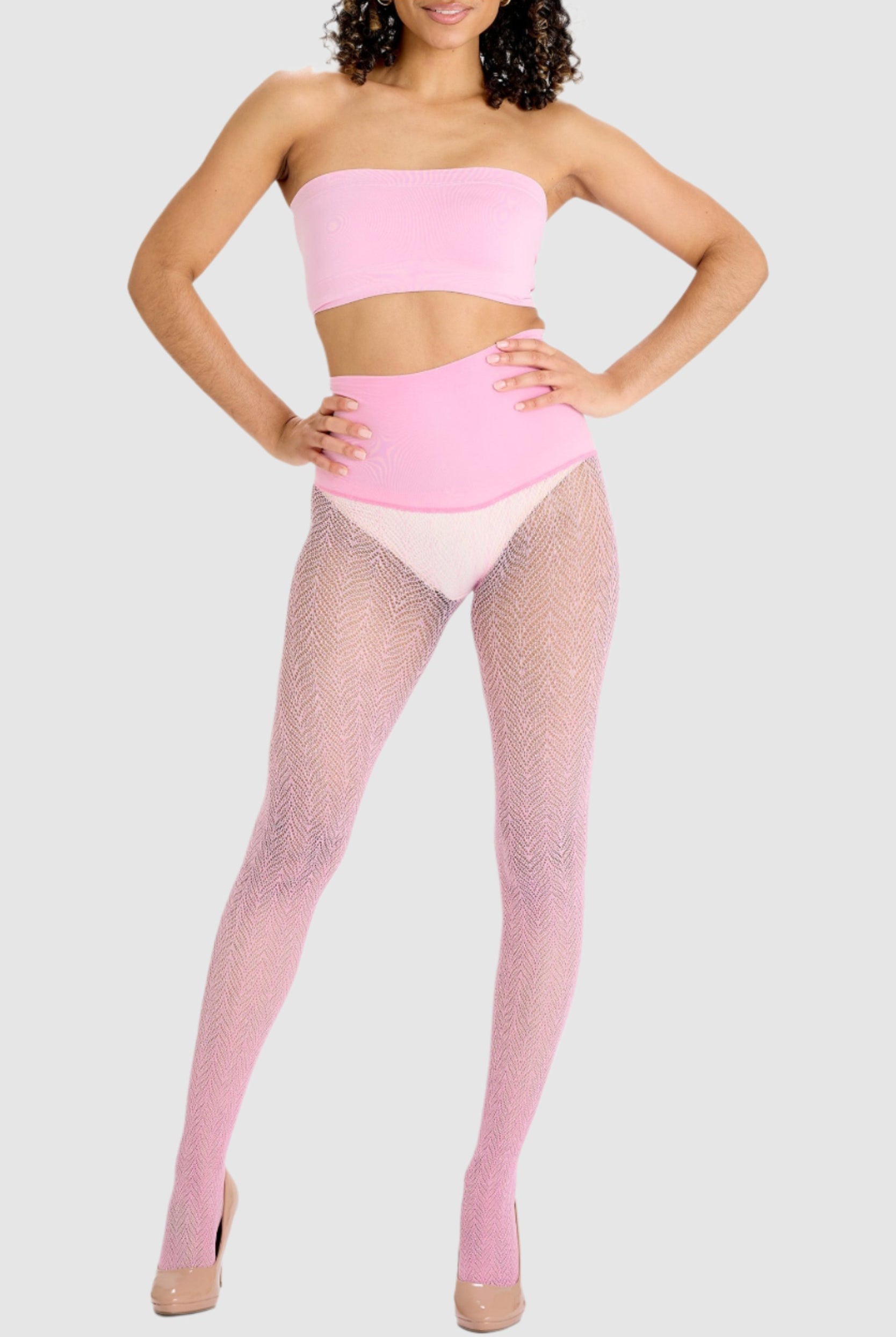 Sherbet Pink herringbone fishnet tights