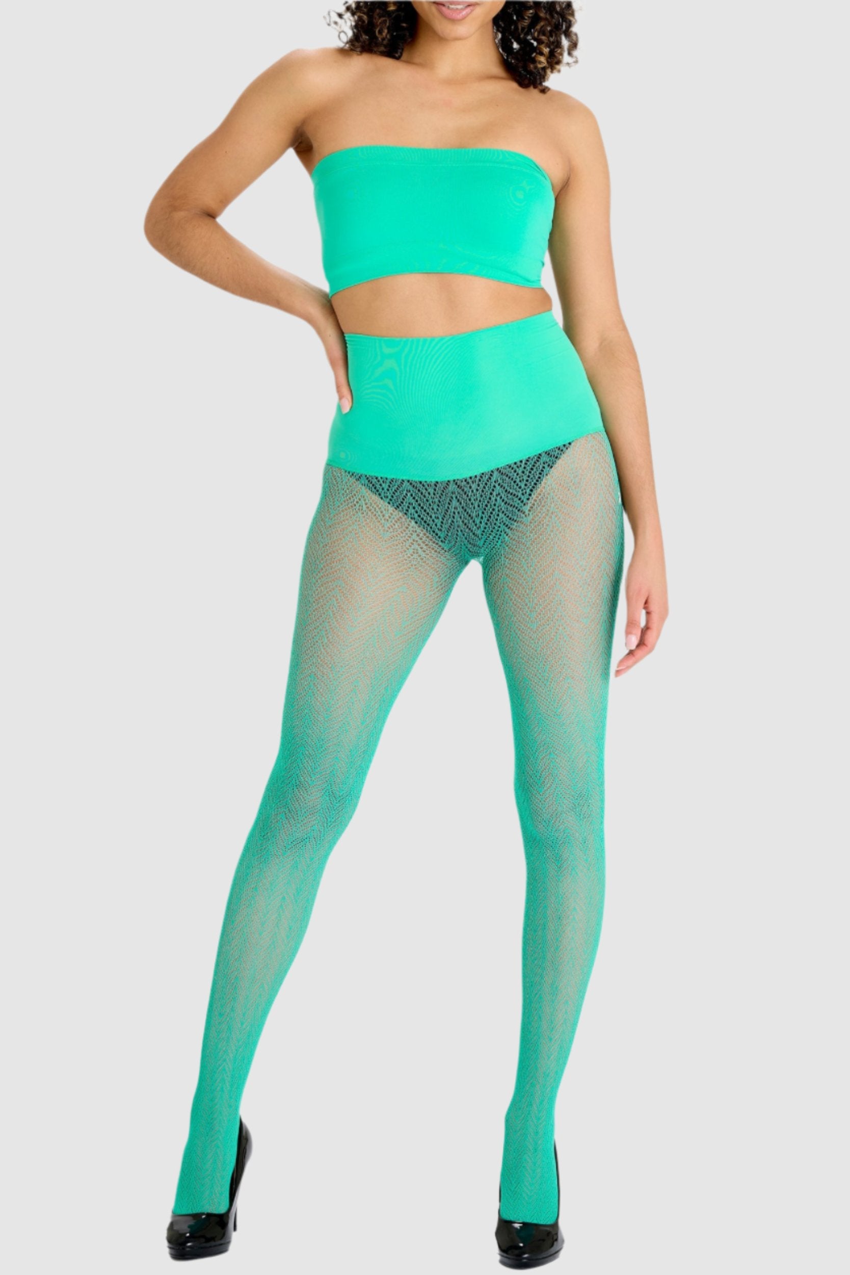 Turquoise Green herringbone fishnet tights