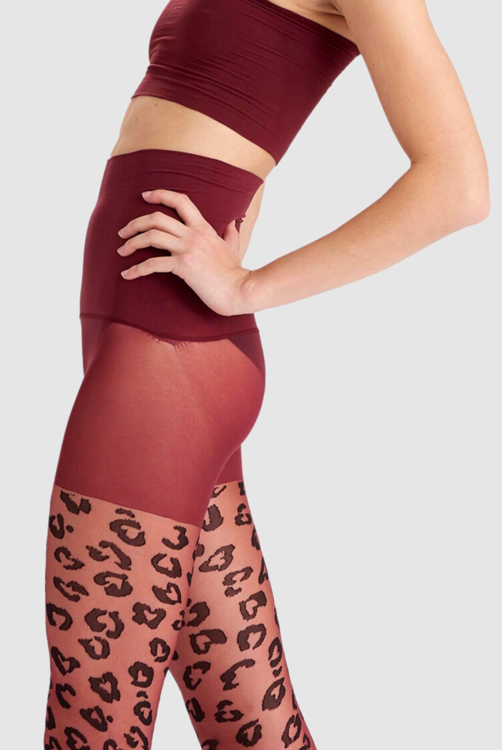 Leopard print design on sustainable recycled yarn.