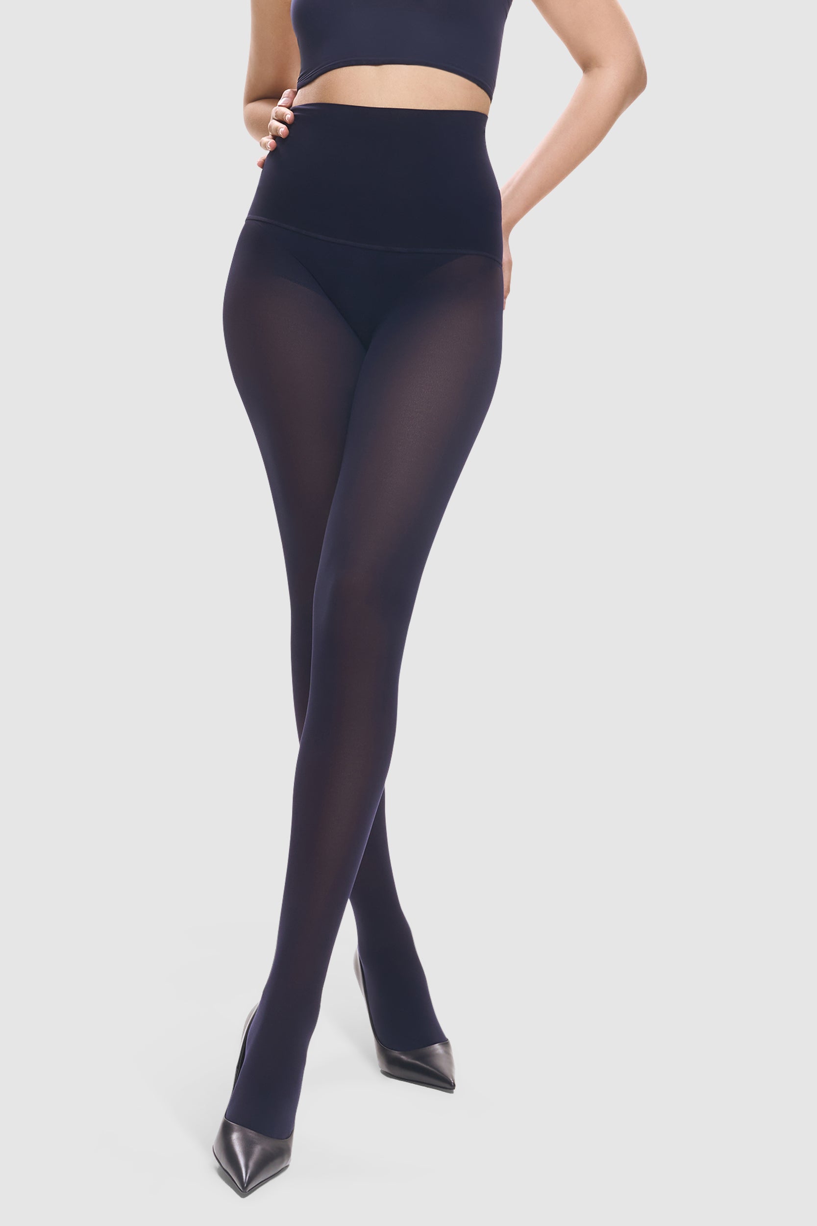 Opaque 60 denier tights in midnight navy blue.