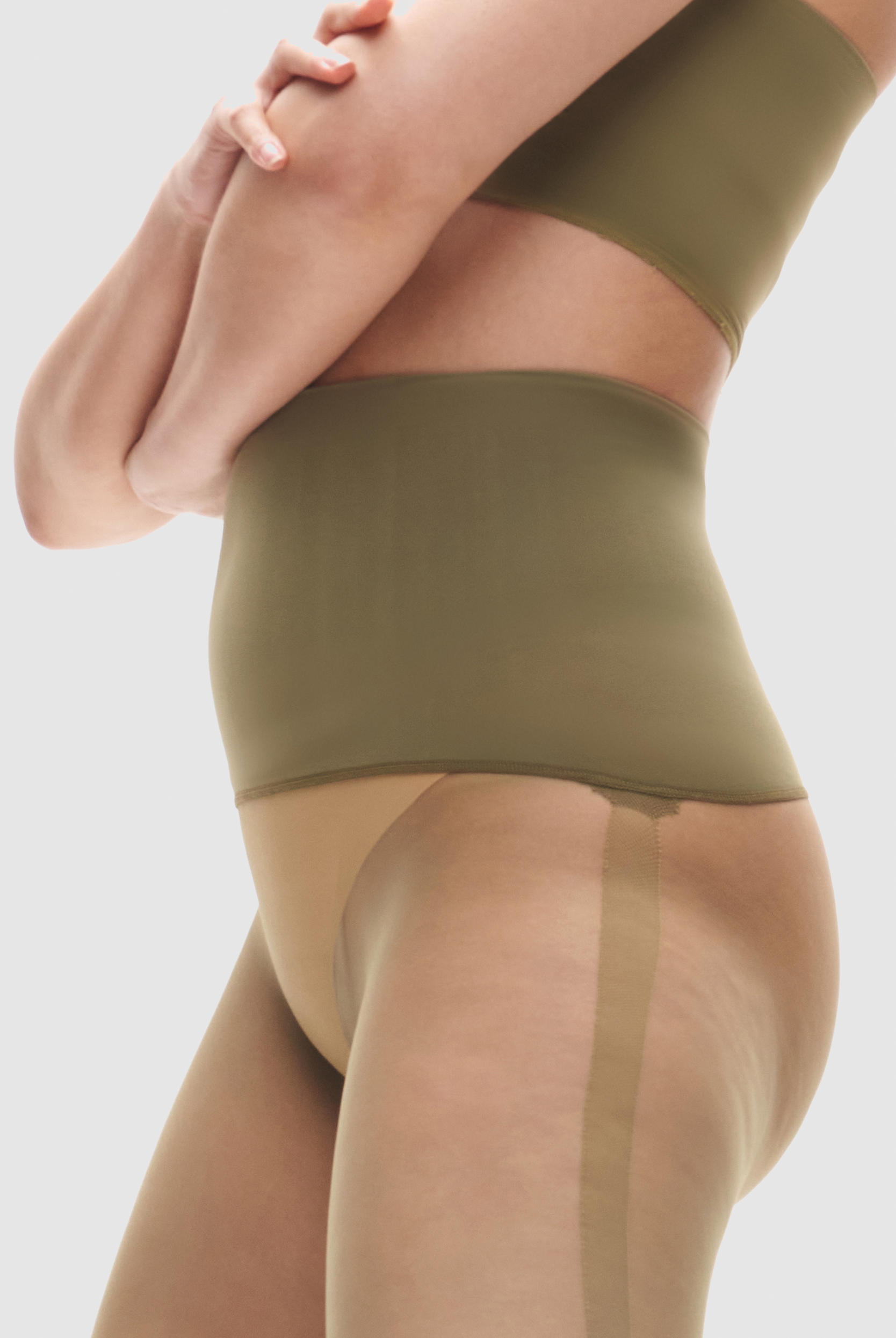 Olive green sheer tights with side seam design