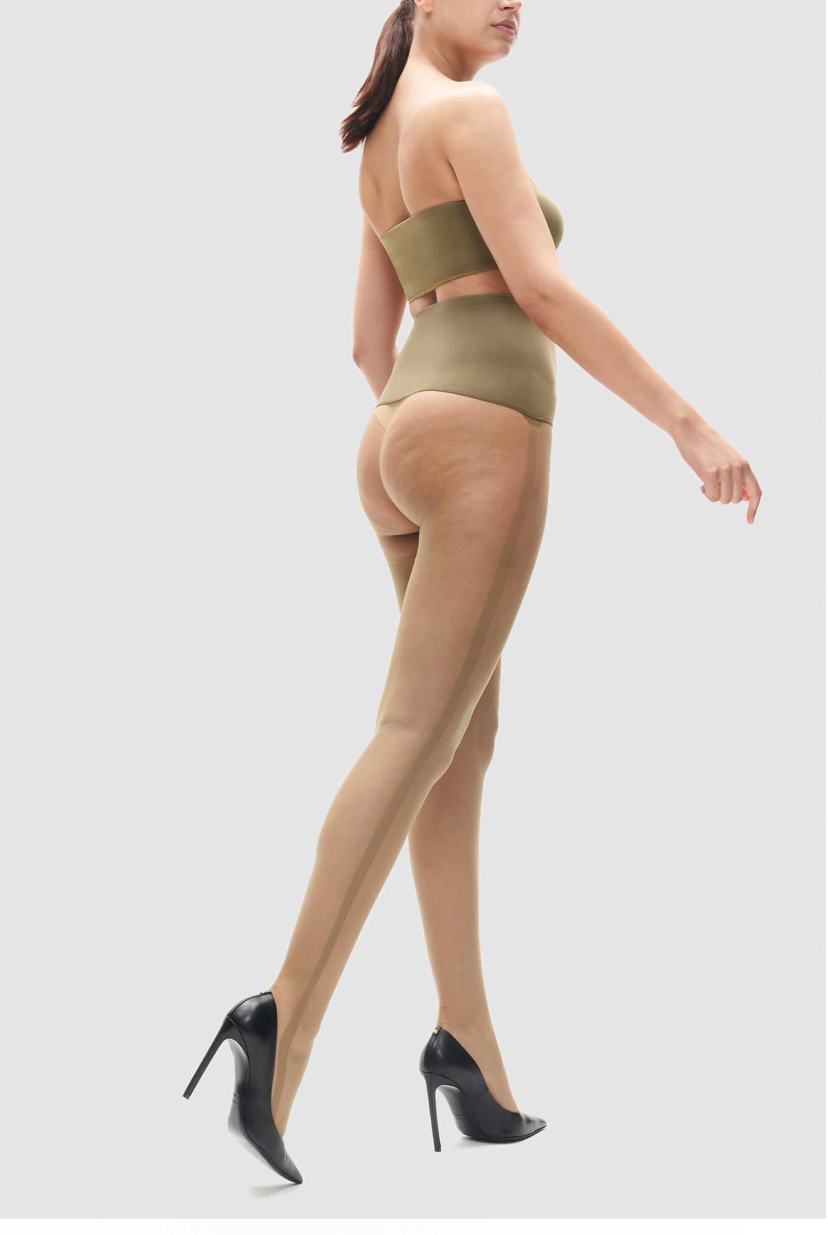 Olive green sheer tights with side seam design