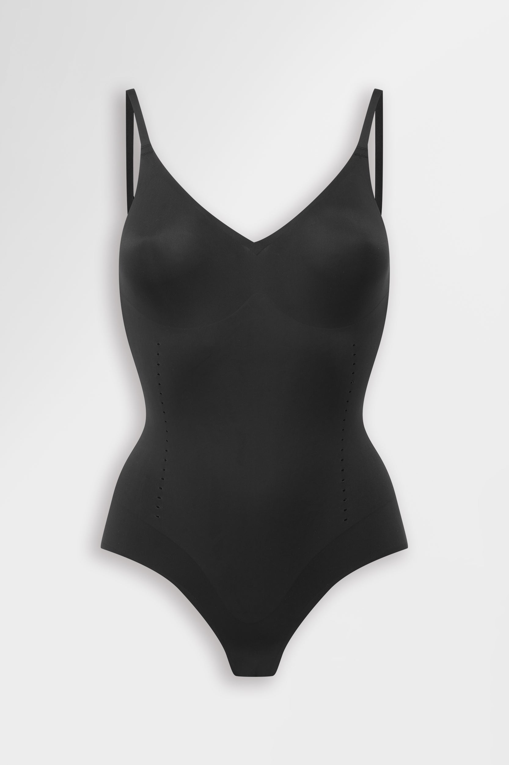 Black shaping bodysuit, smooths, sculpts, supports, perforated.
