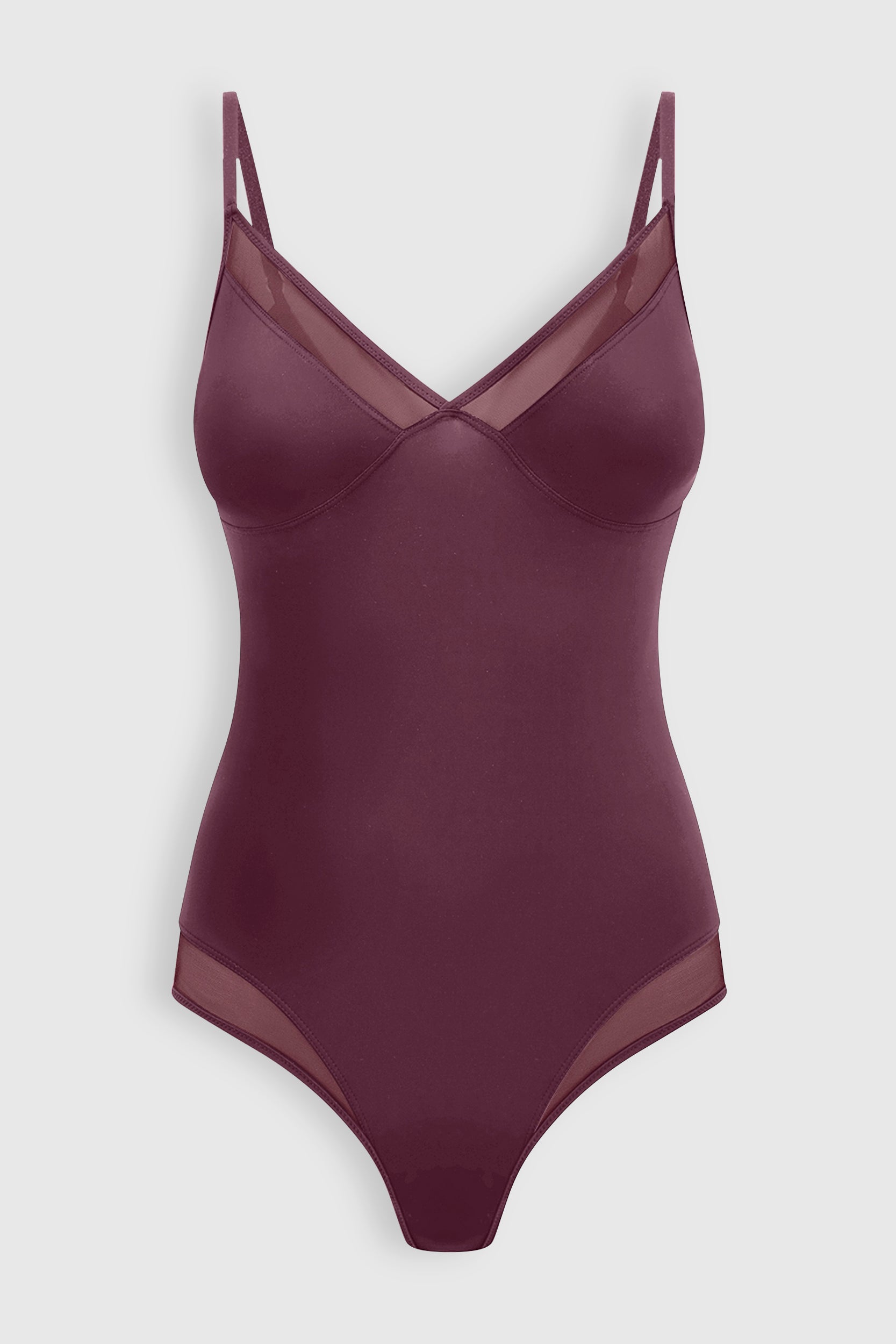 Silky sleek bodysuit with mesh paneling