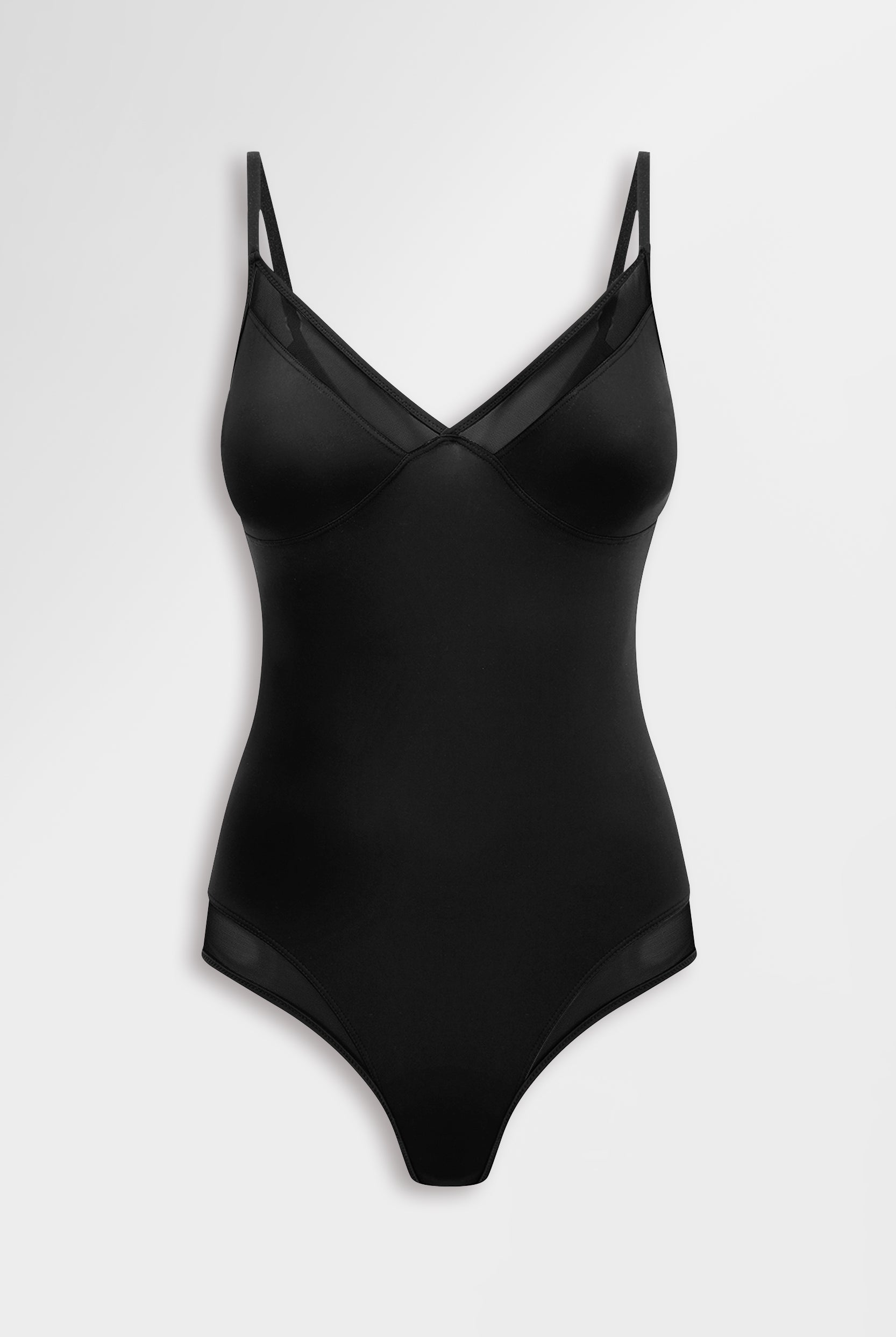 Silky sleek bodysuit with mesh paneling