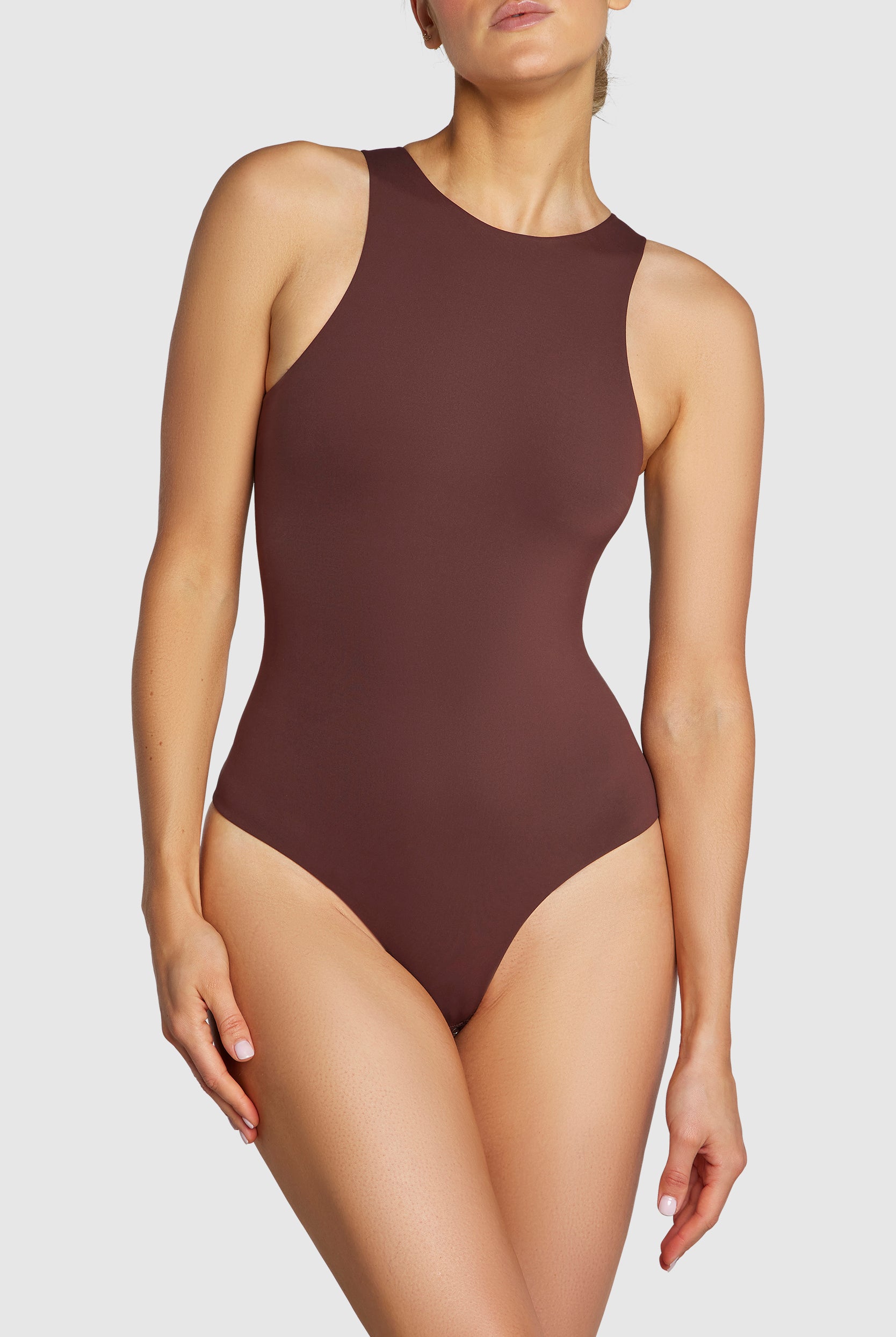 Racerback Bodysuit, coffee brown, double-layered fabric