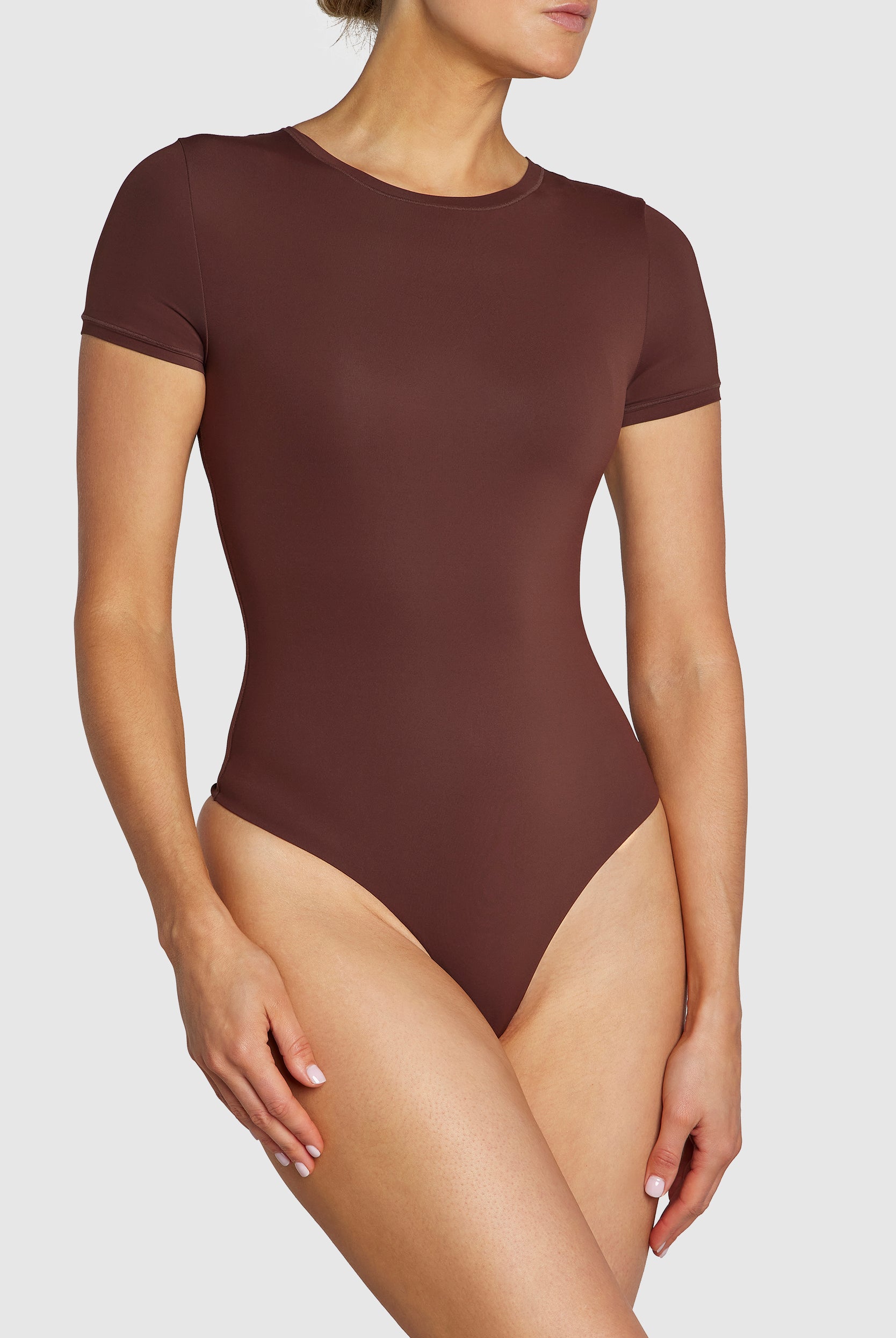 Coffee brown T-Shirt Bodysuit on a model