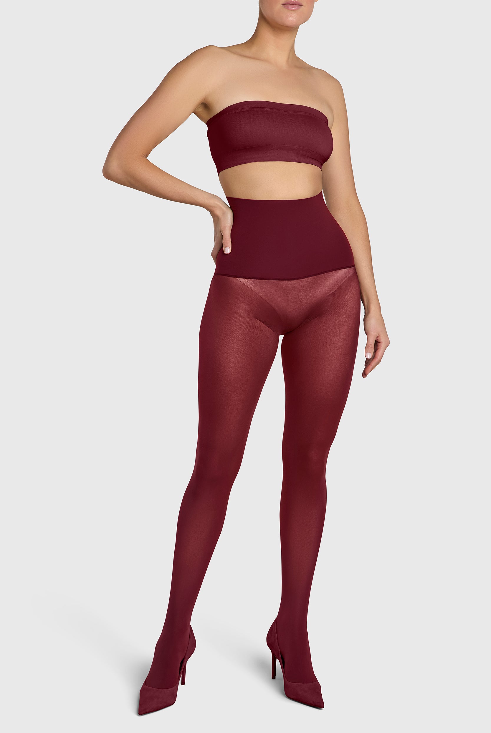 Opaque 60 denier tights in burgundy.