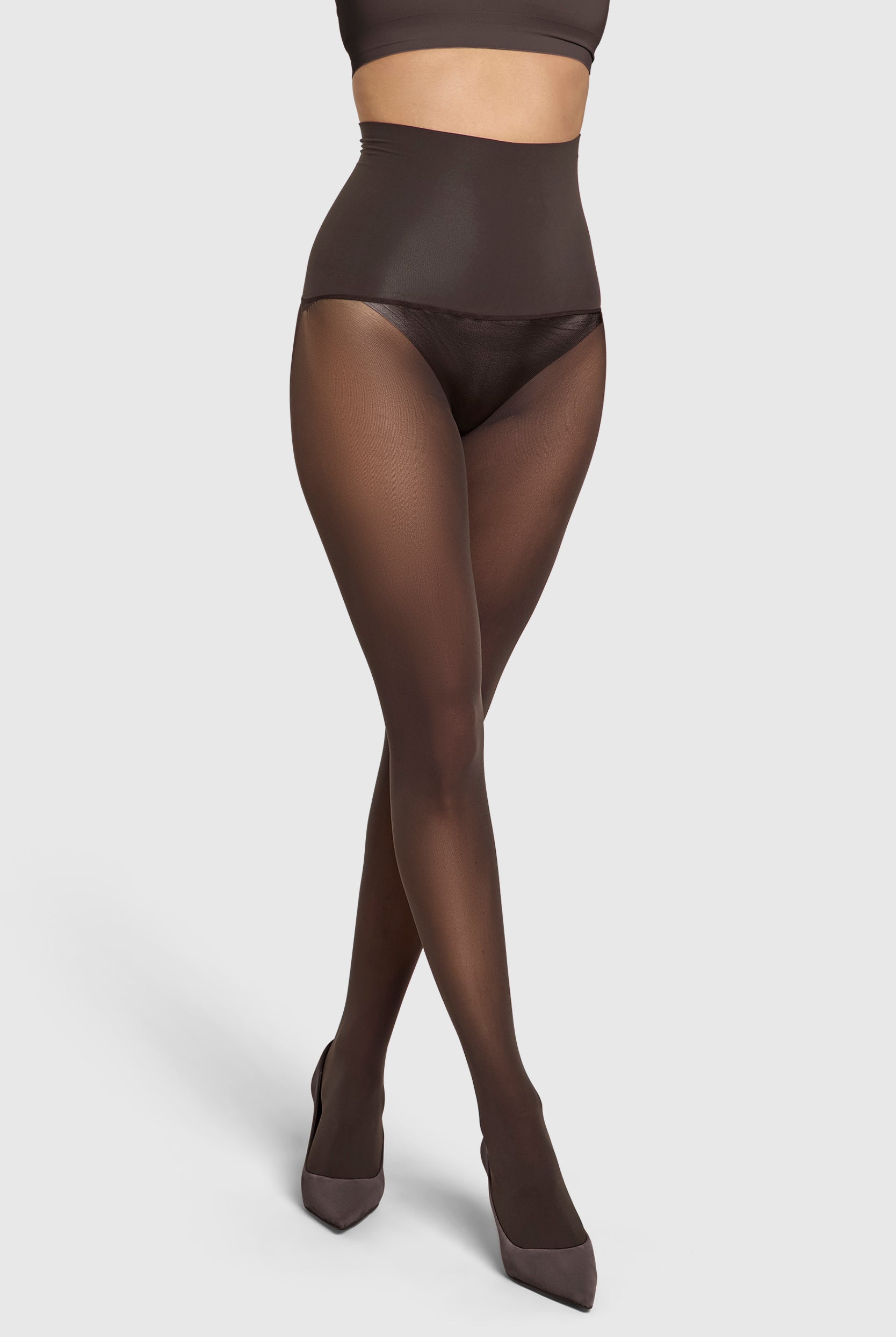 Opaque 60 denier tights in chocolate torte brown.