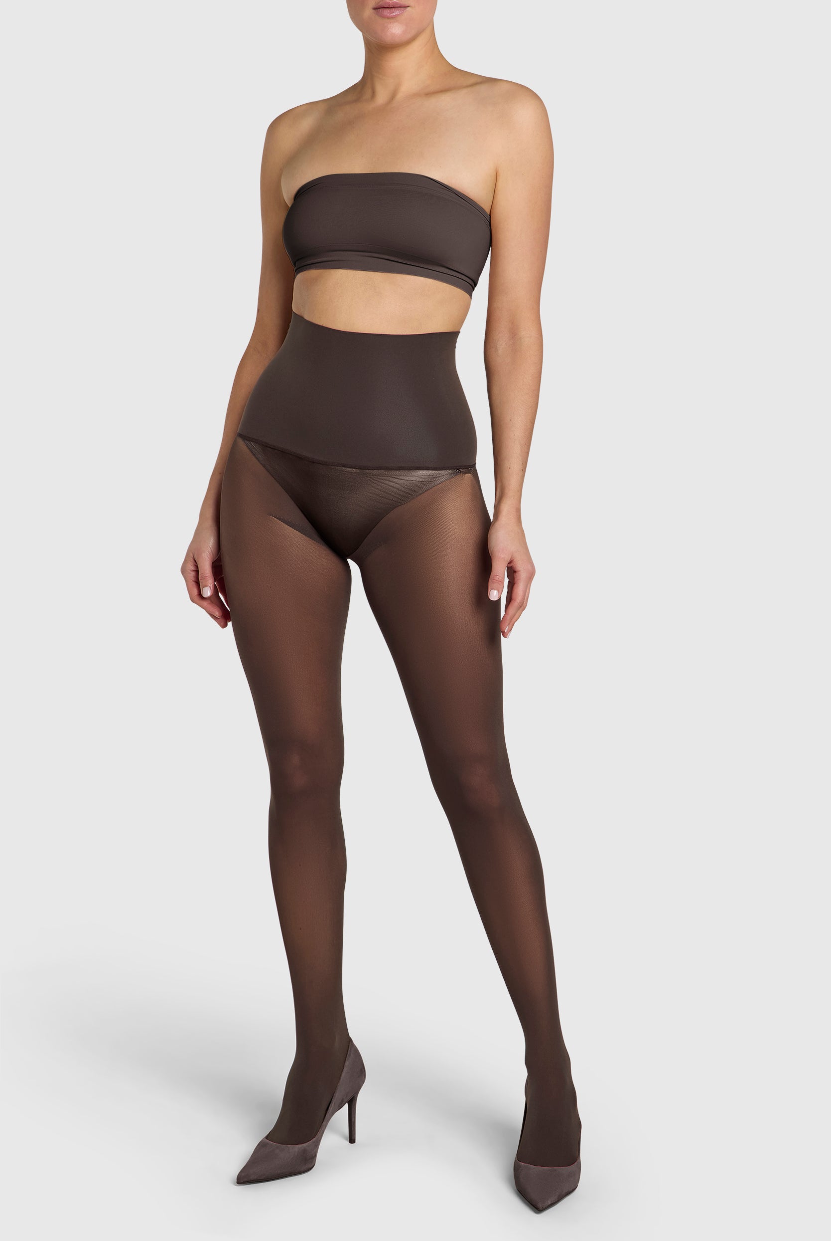 Opaque 60 denier tights in chocolate torte brown.