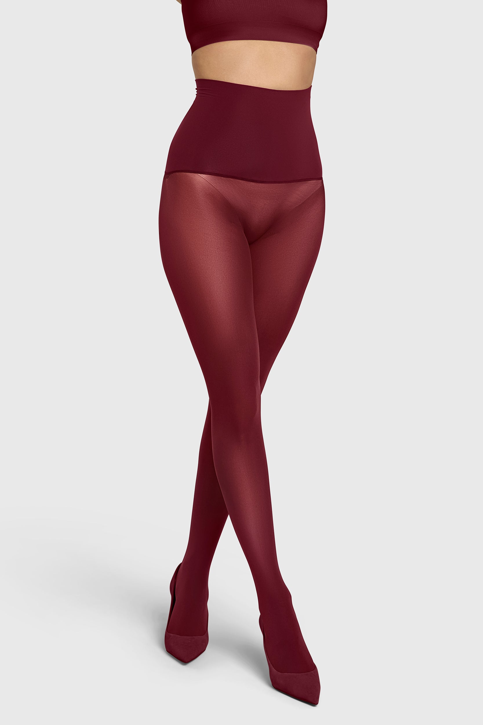 Opaque 60 denier tights in burgundy.