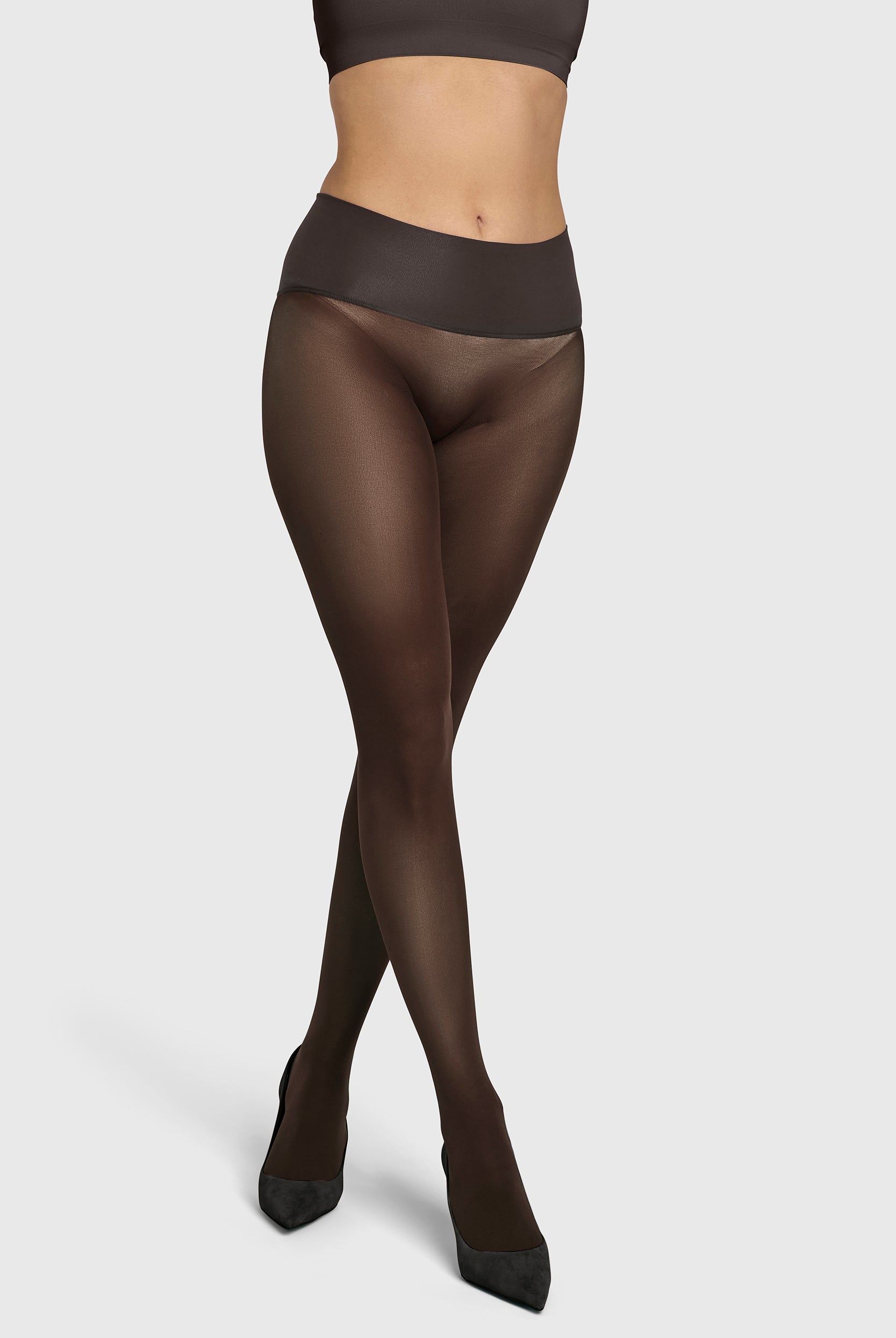 Opaque 60 denier tights in chocolate torte brown.