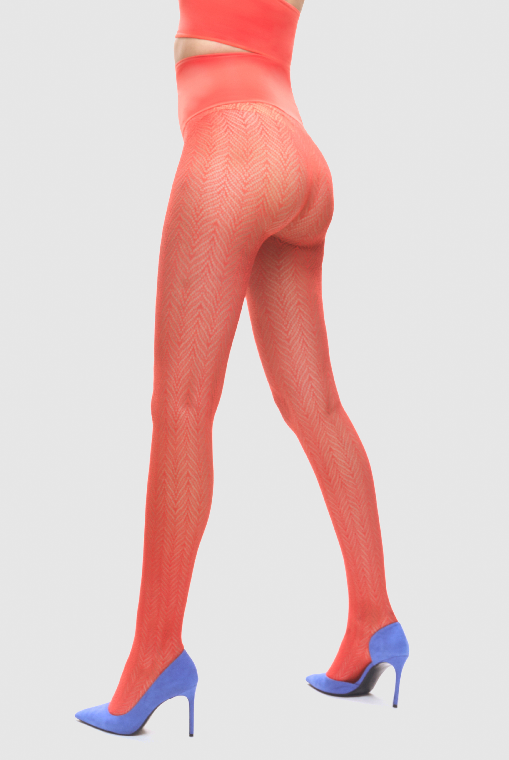 Flame red herringbone fishnet tights.