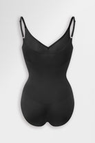 Black shaping bodysuit, smooths, sculpts, supports, perforated.