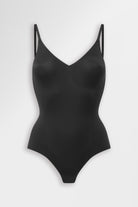 Black shaping bodysuit, smooths, sculpts, supports, perforated.