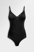 Silky sleek bodysuit with mesh paneling