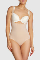 Open front body shaping garment in almond color