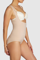 Open front body shaping garment in almond color