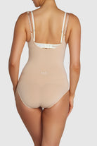 Open front body shaping garment in almond color