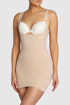 Almond contour open front slip, studio shot.