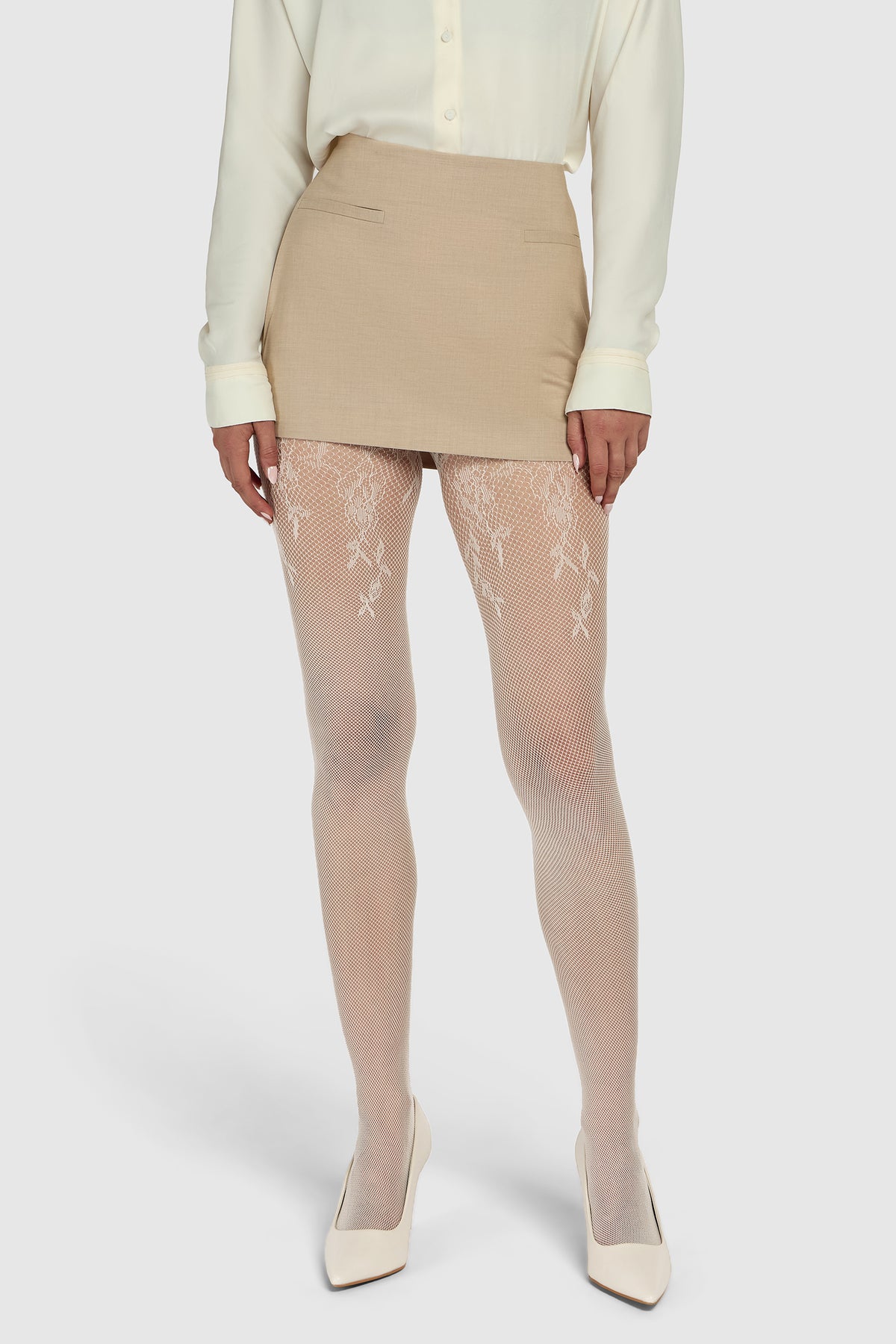 Aimée Croysdill x Heist Studios Tights Collection 6 The Floral Lace Fishnet Vintage Ivory styling 5