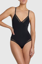 Silky sleek bodysuit with mesh paneling