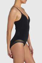 Silky sleek bodysuit with mesh paneling