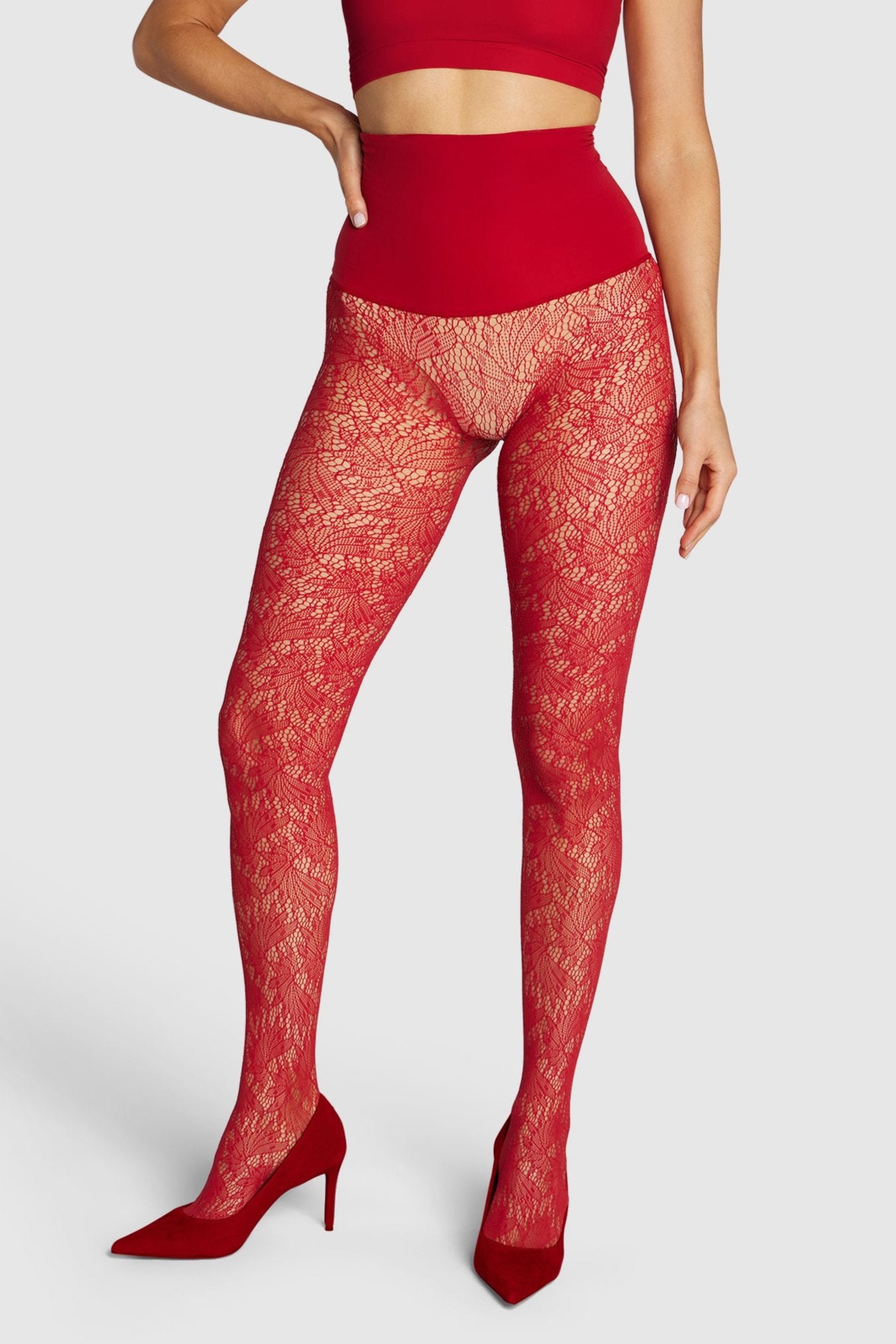 Peacock Lace Patterned Tights Cardinal