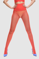 Flame red herringbone fishnet tights.