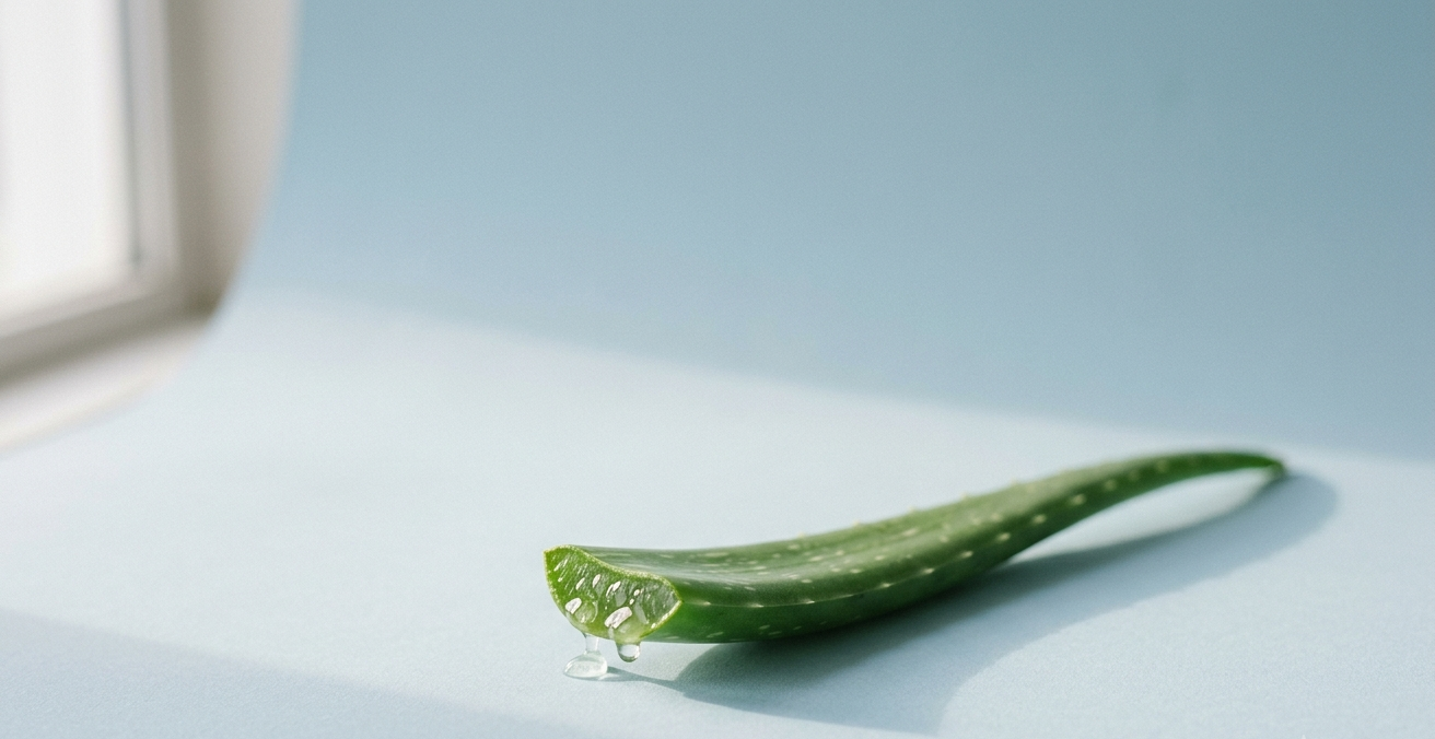 A cut aloe vera leaf with drops of gel on a pale blue surface