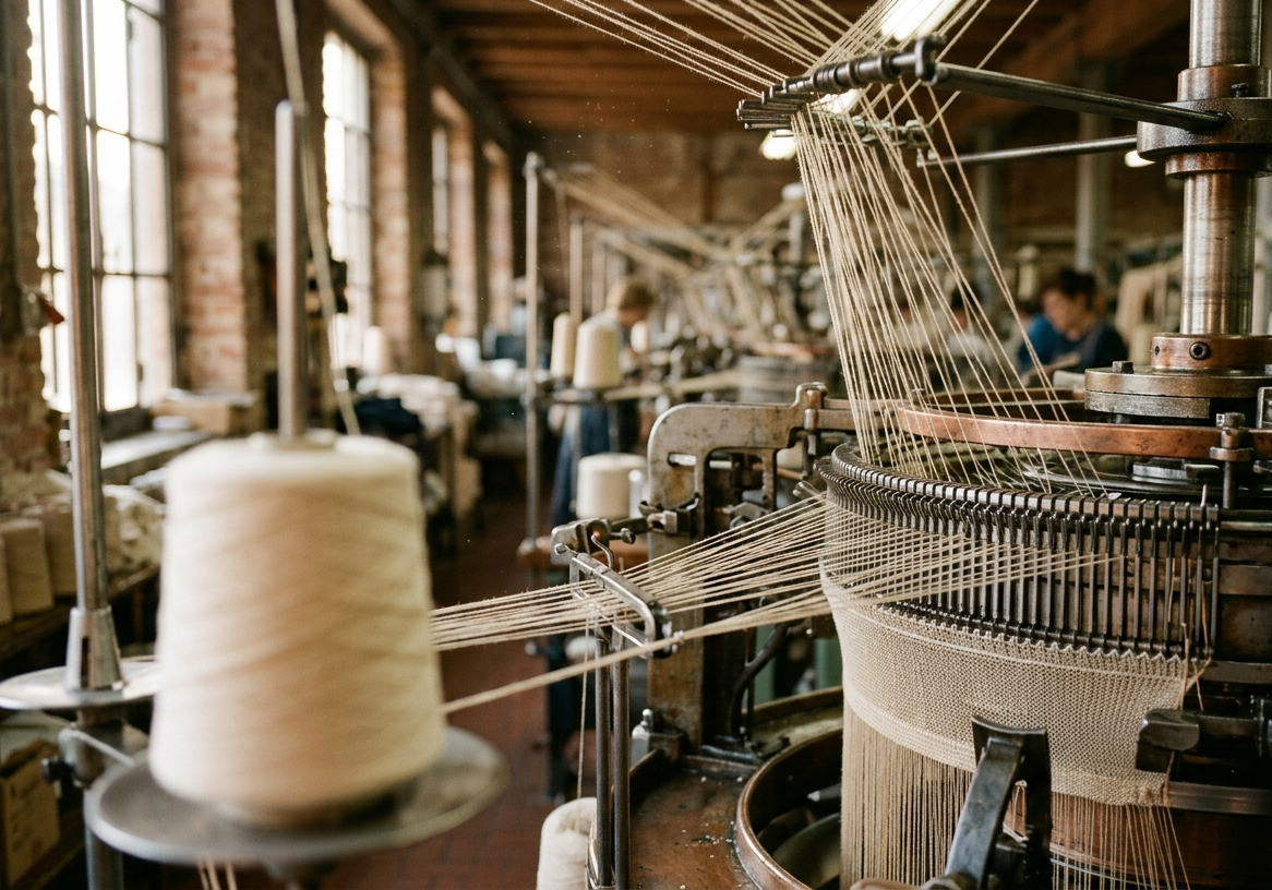 Cream yarn threads converging into a circular knitting machine in an Italian mill