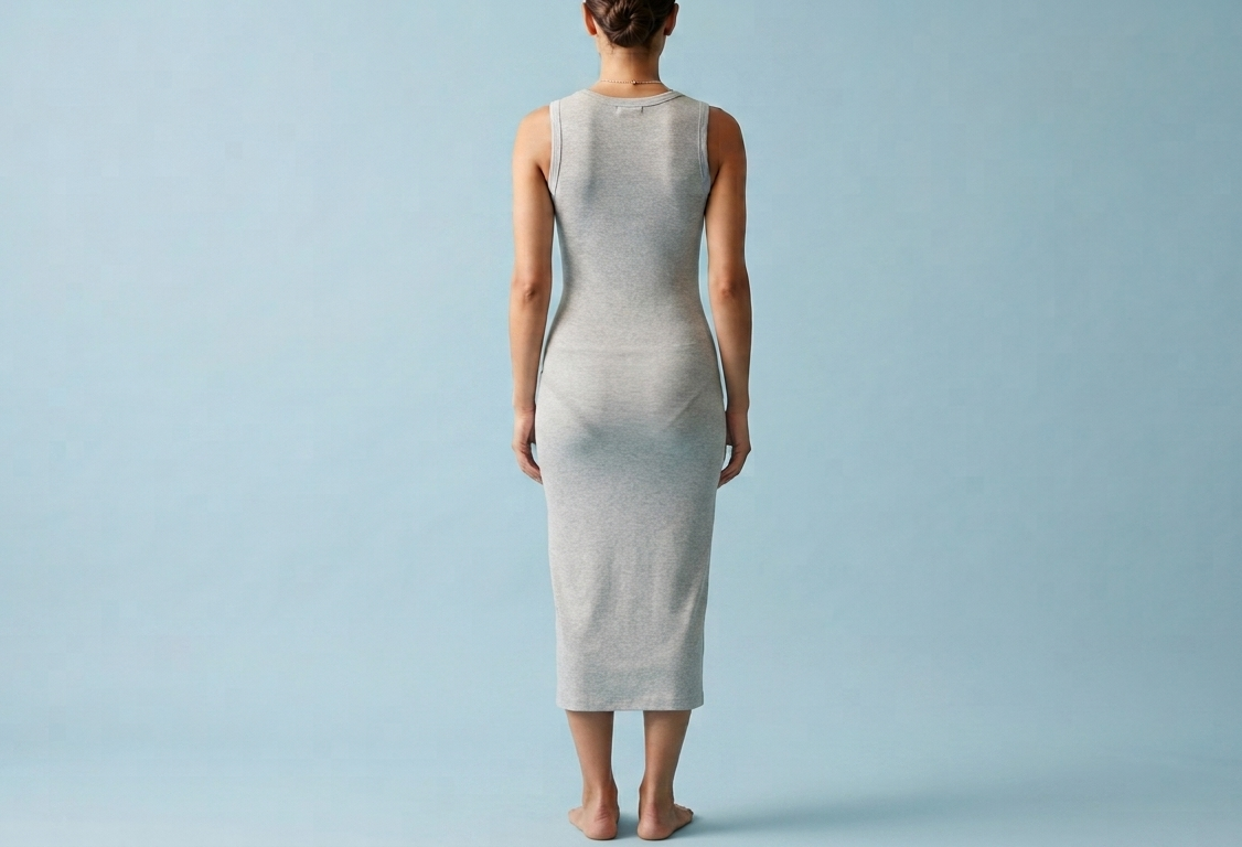 Fitted grey jersey dress showing the soft impressions of ordinary underwear
